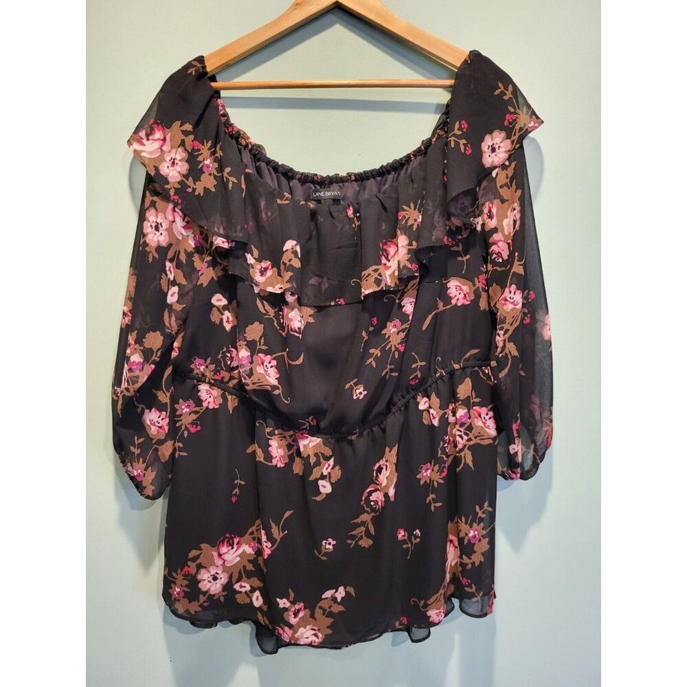 Lane Bryant Black Pink Floral Chiffon 3/4 Sheer Sleeve Peplum Top Sz 18